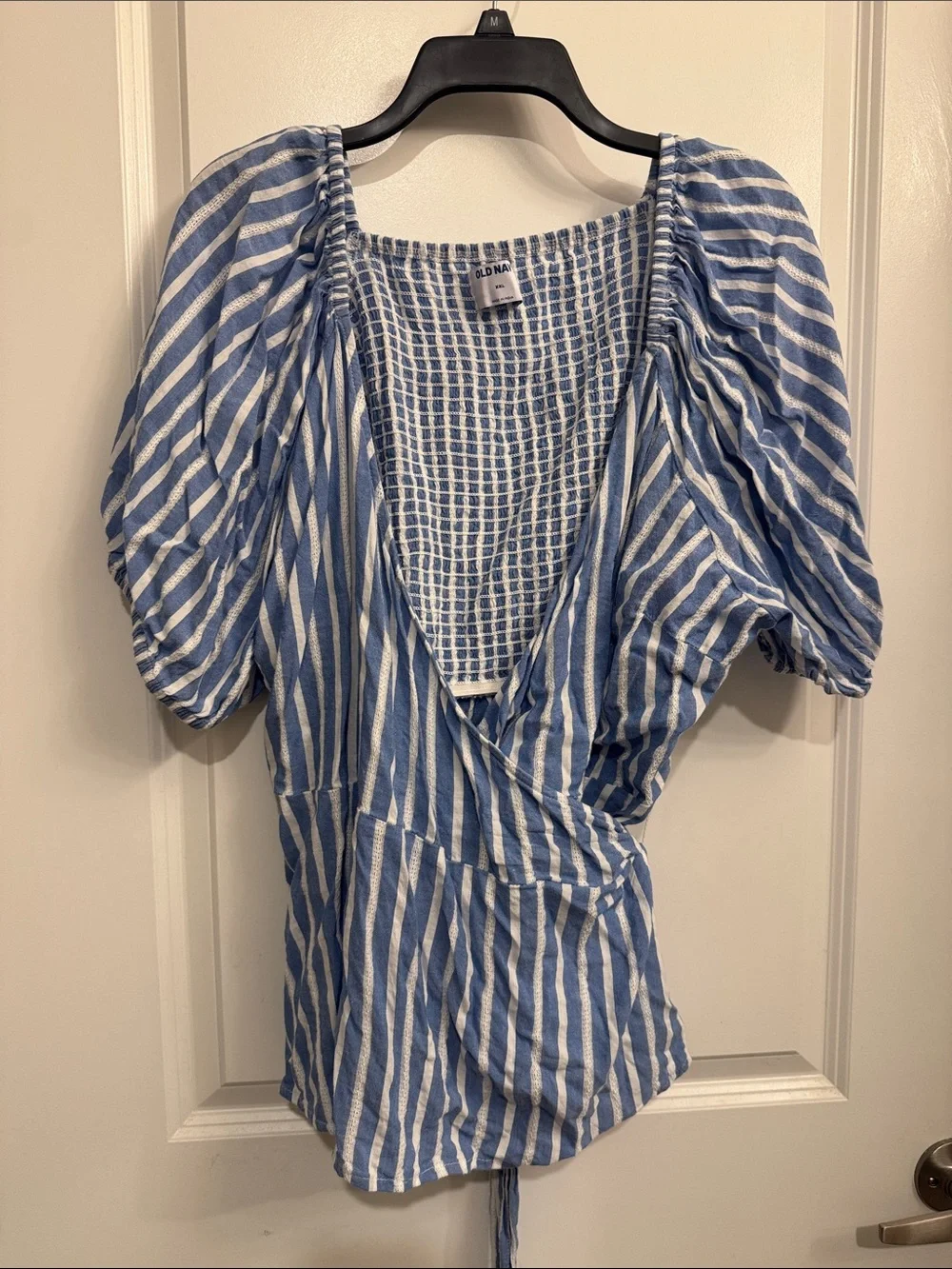 Old Navy Blue & White Striped Puff Sleeve Wrap Blouse
